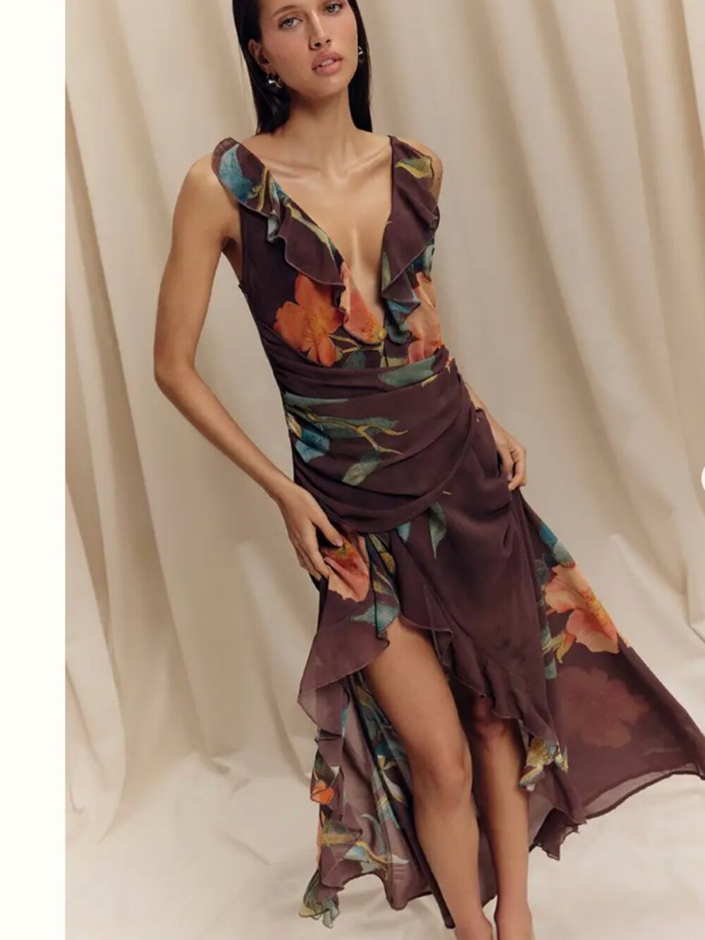 NWT Pretty Little Thing Brown Floral Chiffon Frill Plunge Strappy Maxi Dress